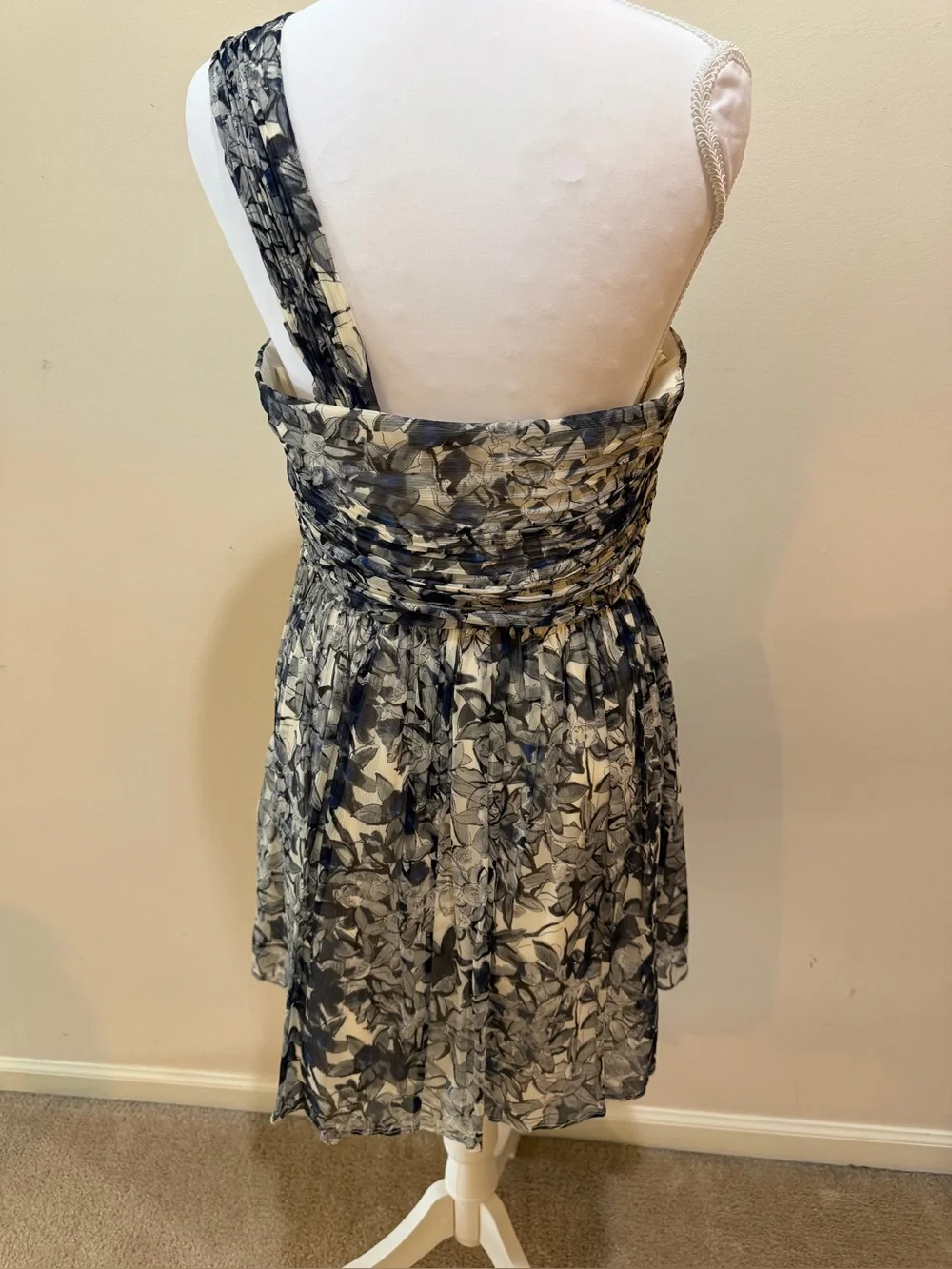 J Crew Lucienne Silk Chiffon Grey & Blue Floral Mini One Shoulder Dress Size 4